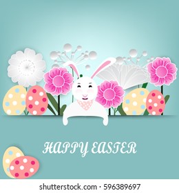 happy easter, typography, Greeting card with cute bunny and egg cartoon character, vector illustration.