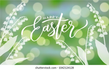 Happy Easter typography hand drawn lettering horizontal vector banner. Light green background with lillies-of-the-valley. vector calligraphy illustration with white text and bokeh blurred lights.