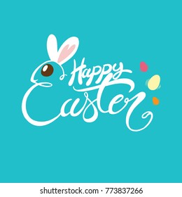 Happy Easter typography hand lettering, logo-sea blue background