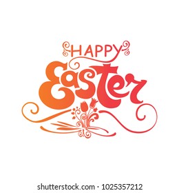 Happy Easter. Typography Lettering Design of the Easter inscription spring bouquet. Isolated template on white background.