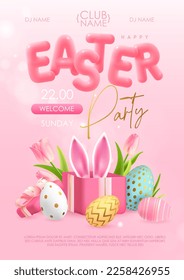 Happy Easter typography party poster with colorful easter eggs, open gift box and 3D text. Greeting card or poster. Vector illustration