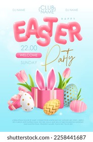 Afiche de la fiesta de la tipografía feliz de Pascua con coloridos huevos de Pascua, caja de regalo abierta y texto en 3D. Tarjeta de saludo o afiche. Ilustración del vector