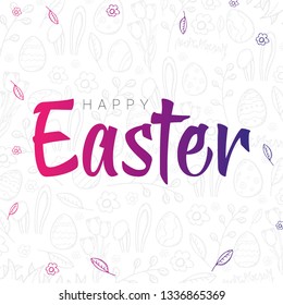 Happy Easter typography poster on the hand-draw doodle backgrounds. Modern calligraphy. Vector illustration