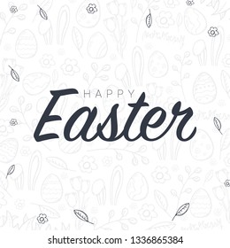 Happy Easter typography poster on the hand-draw doodle backgrounds. Modern calligraphy. Vector illustration