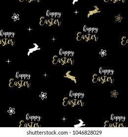 HAPPY EASTER TYPOGRAPHY. SEAMLESS VECTOR PATTERN. ELEGANTE GOLDEN TEXTURE ON BALCK BACKGROUND