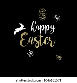 HAPPY EASTER TYPOGRAPHY TEXT. ELEGANT ART WITH EGG AND BUNNY. LETTERING BLACK BACKGROUND