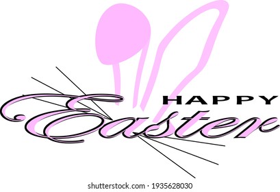 Happy Easter typography text vector illustration with cute pink bunny ears and whiskers.