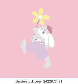 happy easter valentines day festival with animal pet bunny rabbit and flower, pastel color, flat vector illustration cartoon character