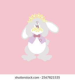 happy easter valentines day festival with animal pet bunny rabbit and flower, pastel color, flat vector illustration cartoon character