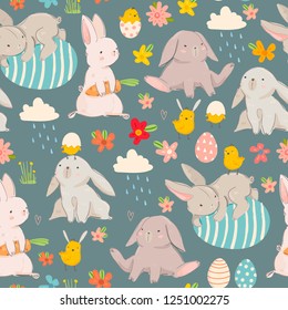 Happy Easter! Various eggs, bunnies and chicks. Hand drawn colored vector seamless pattern. Dark background