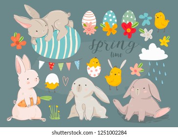 Happy Easter! Various eggs, bunnies and chicks. Hand drawn colored vector set. Dark background. All elements are isolated