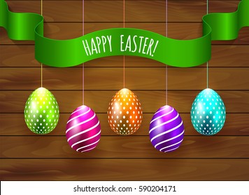 Happy Easter Vector background with colored eggs on wooden backdrop  with ribbon for greeting card, ad, promotion, poster, flyer, web-banner, article, social media