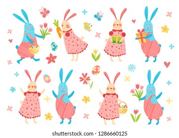 Happy Easter vector background. Cute funny animals. Hand drawn flat cartoon elements: easter eggs,   flowers, bunny. Isolated on white. Kids illustration. Pencil texture. Set of rabbits.