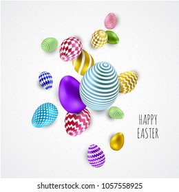 Happy easter vector background design template with greeting typography text, colorful easter eggs elements in white background for easter celebration. Vector illustration.