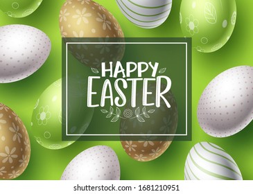 Happy easter vector background design. Happy easter typography in frame with space for text and colorful egg patterns in green background. Vector illustration.