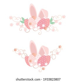 Happy easter vector background and frame in pastel pink colors with place for text, hare ears and painted eggs. Vector template for invitation, congratulation, postcard or banner.