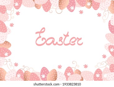 Happy easter vector background and frame in pastel pink colors with place for text, hare ears and painted eggs. Vector template for invitation, congratulation, postcard or banner.