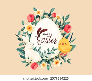 Happy Easter vector background. Greeting card with spring flowers, easter egg, bunny, chicken in modern cartoon style. Lettering text sign with bunny ears. Cute creative holiday concept.