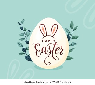 Happy Easter vector background. Greeting card with big easter egg, spring leaves in modern cartoon style, isolated on blue. Lettering text sign with bunny ears. Cute creative holiday concept