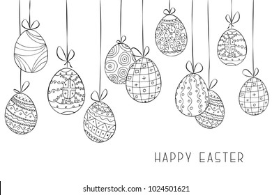 Happy easter vector background with hand drawn hanging ornamental eggs. Holiday greeting card,brochure,banner,cover.