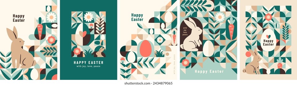 Happy Easter vector background. Modern geometric minimal abstract style with rabbits, geometric elements, eggs, plants, flowers. Cute spring holiday minimalist concept for poster, printing, invitation