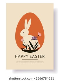 Happy Easter vector background. Modern Minimalist Holiday Geometric Abstract Bauhaus poster with rabbits, simple elements, egg, plants, flower. Spring holiday art for printing, invitation. Copy space