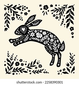 Felices antecedentes de vectores de Pascua con conejo. Tarjeta de saludo de primavera con conejo floral y carta. Ilustración vectorial del marco de las flores y el conejo de estilo folk. Diseño de Semana Santa de Linocut para impresión, cartel.