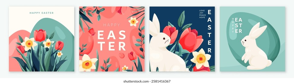 Happy easter vector background set. Spring greeting cards with easter bunny, eggs, flowers tulip and daffodil in modern cartoon style. Cute poster templates for packaging, decoration, social media.