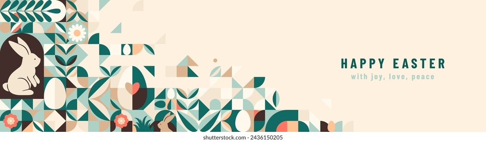 Happy Easter vector banner background. Modern geometric abstract style with rabbits, simple elements, eggs, plants, flowers. Cute spring holiday art for poster, printing, invitation. Copy space.