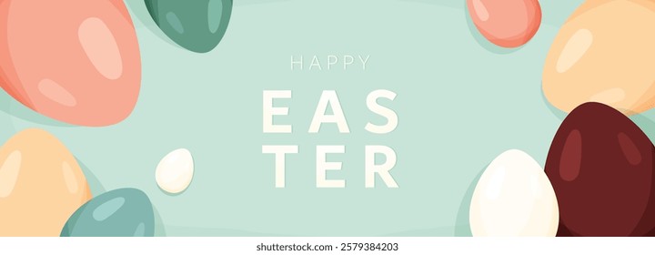 Happy Easter vector banner background. Greeting card with color easter eggs in modern cartoon style. Typography text design. Cute creative holiday concept.