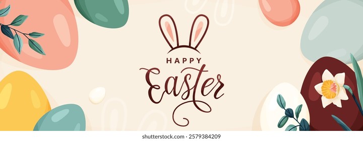 Happy Easter vector banner background. Greeting card with easter eggs, spring flowers, leaves in modern cartoon style. Lettering text sign with bunny ears. Cute creative holiday concept.