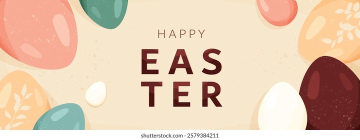 Happy Easter vector banner background. Greeting card with easter eggs, spring leaves silhouette, retro texture in modern cartoon style. Typography text design. Cute creative holiday concept.