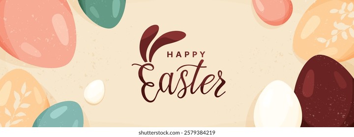 Happy Easter vector banner background. Greeting card with easter eggs, spring leaves silhouette in modern cartoon style. Lettering text sign with bunny ears. Cute creative holiday concept.