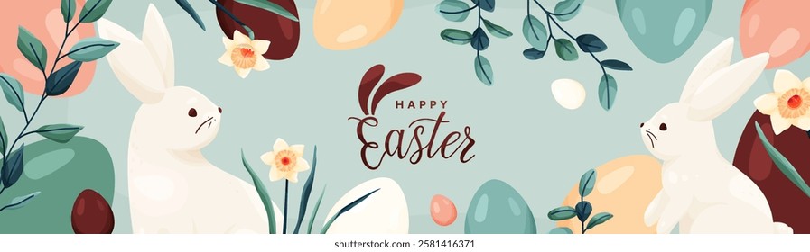 Happy Easter vector banner background. Greeting card with easter eggs, bunny, spring flowers daffodil, leaves in modern cartoon style. Lettering text sign with bunny ears. Cute creative concept.