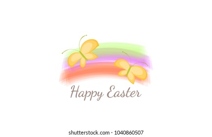 Happy Easter vector banner. Butterfly and lettering on a colored brush strokes. Template illustration isolated on white background. Greeting card image wallpaper flyer holiday rainbow high quality