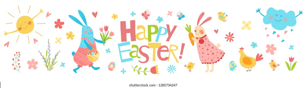 Happy Easter vector banner. Cute funny animals. Hand drawn flat cartoon elements: easter eggs, sun, willow, flowers, bunny, cloud and chickens. Isolated on white. Kids illustration. Pencil texture.