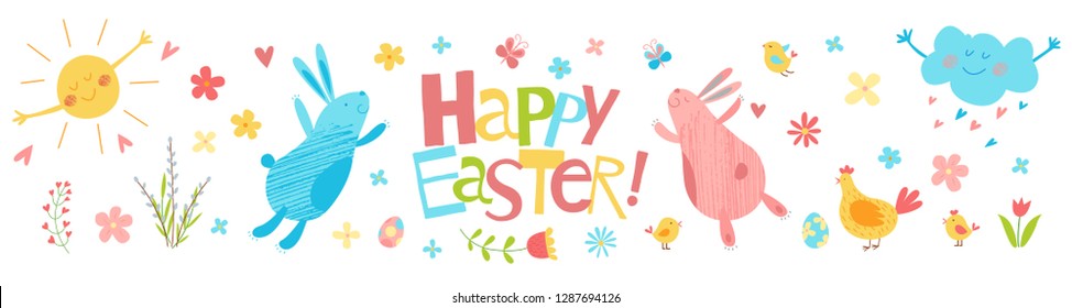 Happy Easter vector banner. Cute funny animals. Hand drawn flat cartoon elements: easter eggs, sun, willow, flowers, bunny, cloud and chickens. Isolated on white. Kids illustration. Pencil texture.