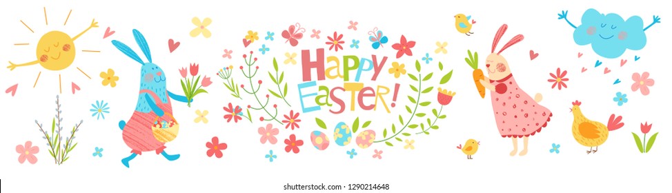 Happy Easter vector banner. Cute funny animals. Hand drawn flat cartoon elements: easter eggs, sun, willow, flowers, bunny, cloud and chickens. Isolated on white. Kids illustration. Pencil texture.