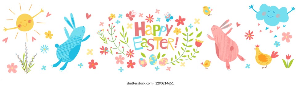 Happy Easter vector banner. Cute funny animals. Hand drawn flat cartoon elements: easter eggs, sun, willow, flowers, bunny, cloud and chickens. Isolated on white. Kids illustration. Pencil texture.