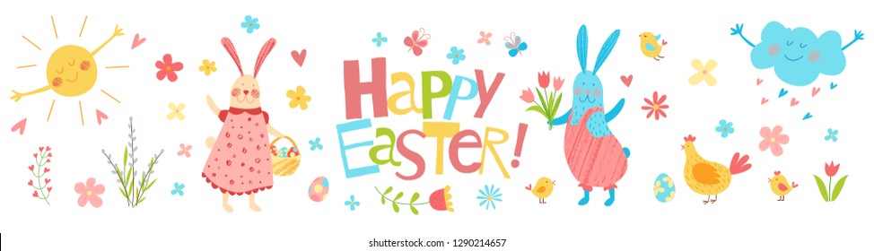 Happy Easter vector banner. Cute funny animals. Hand drawn flat cartoon elements: easter eggs, sun, willow, flowers, bunny, cloud and chickens. Isolated on white. Kids illustration. Pencil texture.