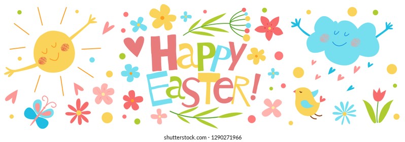 Happy Easter vector banner. Cute funny illustration. Hand drawn flat cartoon elements: sun, flowers,  cloud and birds. Isolated on white. Kids illustration. Pencil texture.