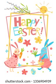 Happy Easter vector banner. Cute kids illustration. Hand drawn flat cartoon elements: inscription, flowers, bunnies, willow, eggs, sun. Isolated on white. Spring background. Pencil texture.
