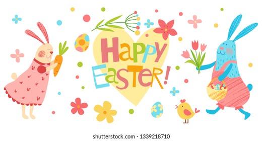 Happy Easter vector banner. Cute kids illustration. Hand drawn flat cartoon elements: inscription, flowers, bunnies, eggs. Isolated on white. Spring background. Pencil texture.