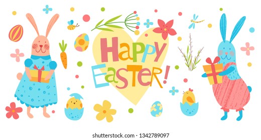 Happy Easter vector banner. Cute kids illustration. Hand drawn flat cartoon elements: inscription, flowers, bunnies, eggs. Isolated on white. Spring background. Pencil texture.