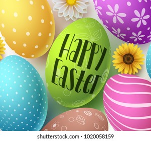 Happy easter vector banner design with colorful easter eggs, spring flowers greeting text in white background for easter celebration. Vector illustration.
