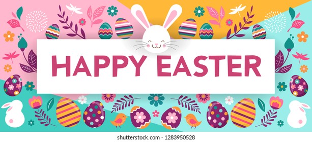 Happy Easter, vector banner with flowers, eggs and bunnies