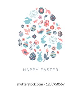 Happy Easter, vector banner with flowers, eggs and bunnies