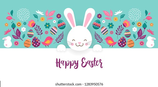 Happy Easter, vector banner with flowers, eggs and bunnies