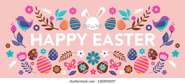 Happy Easter, vector banner with flowers, eggs and bunnies