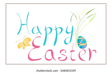 Happy Easter vector banner. Lettering illustration with butterfly spring leaves and holiday egg. Pink blue yellow and green colors. Template happiness copyspace isolated in frame colorful modern flat.
